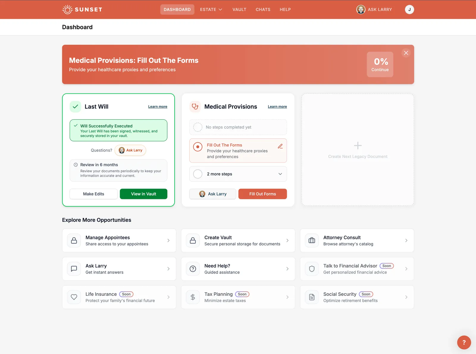 Sunset estate planning dashboard