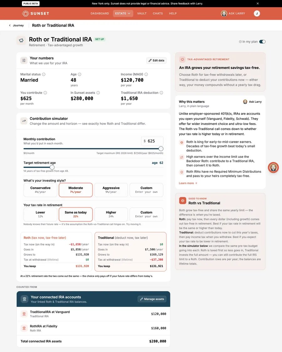 Sunset Roth vs Traditional IRA step with a contribution simulator and tax comparison