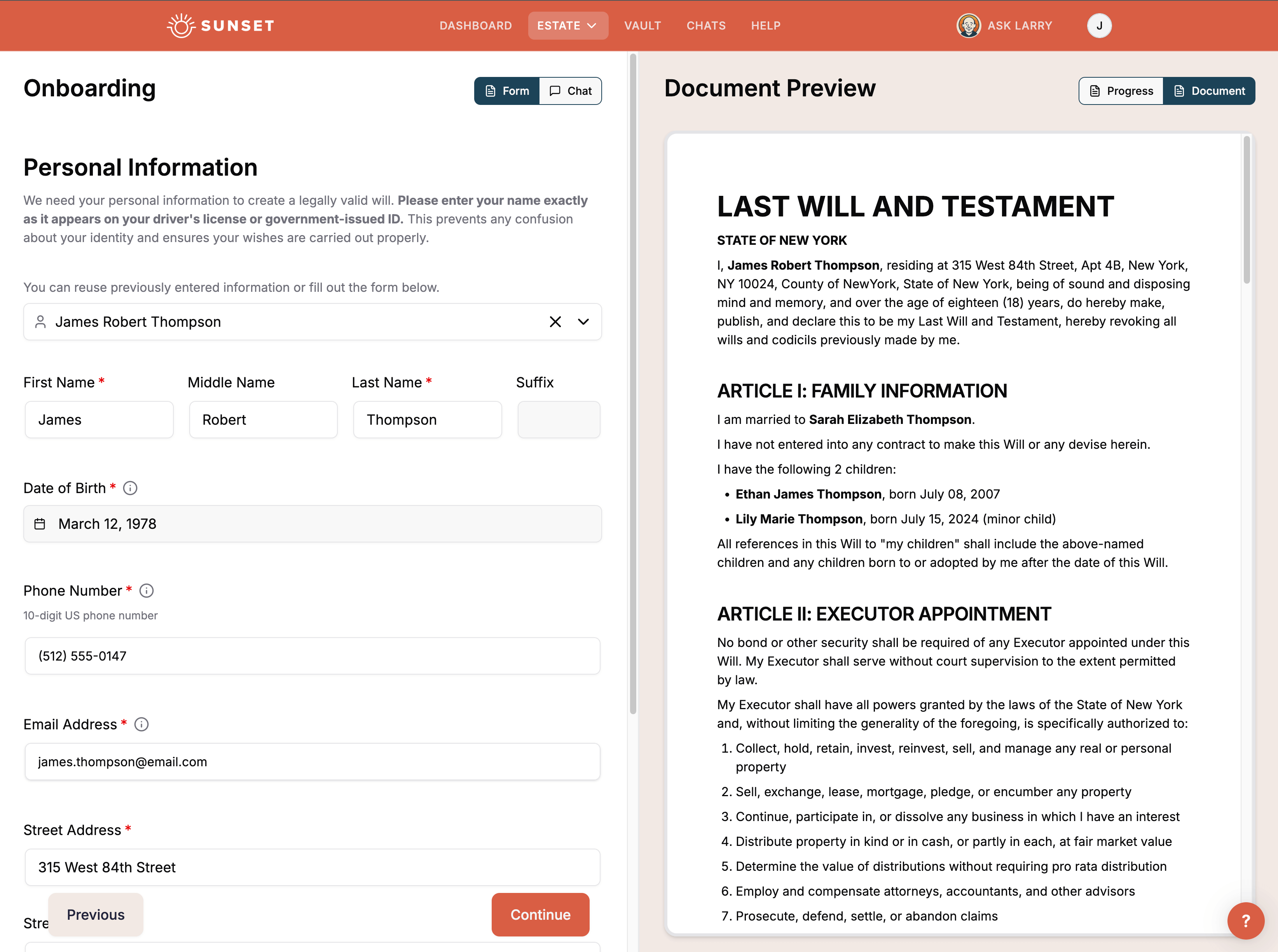 Sunset estate planning document preview